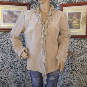 Dialogue tan beige jacket suede leather fringe trim western boho fully lined